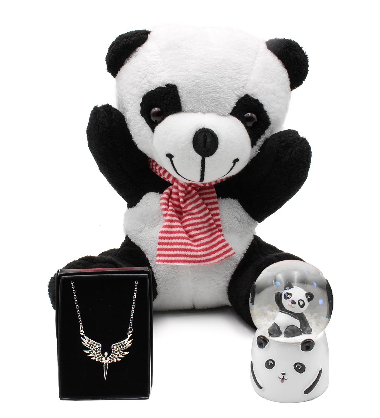 Tatlı Peluş Panda & Işıklı Mini Panda Kar Küresi & Mikail Melek Kolye Hediye Seti