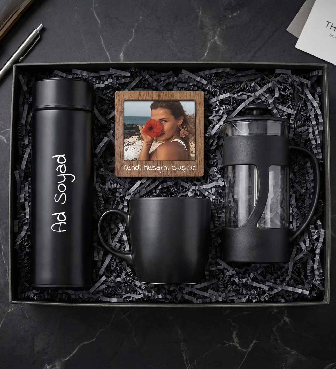 Kişiye Özel 450mL Dereceli Termos & Ahşap Çerçeve & French Press & Siyah Kupa Hediye Seti