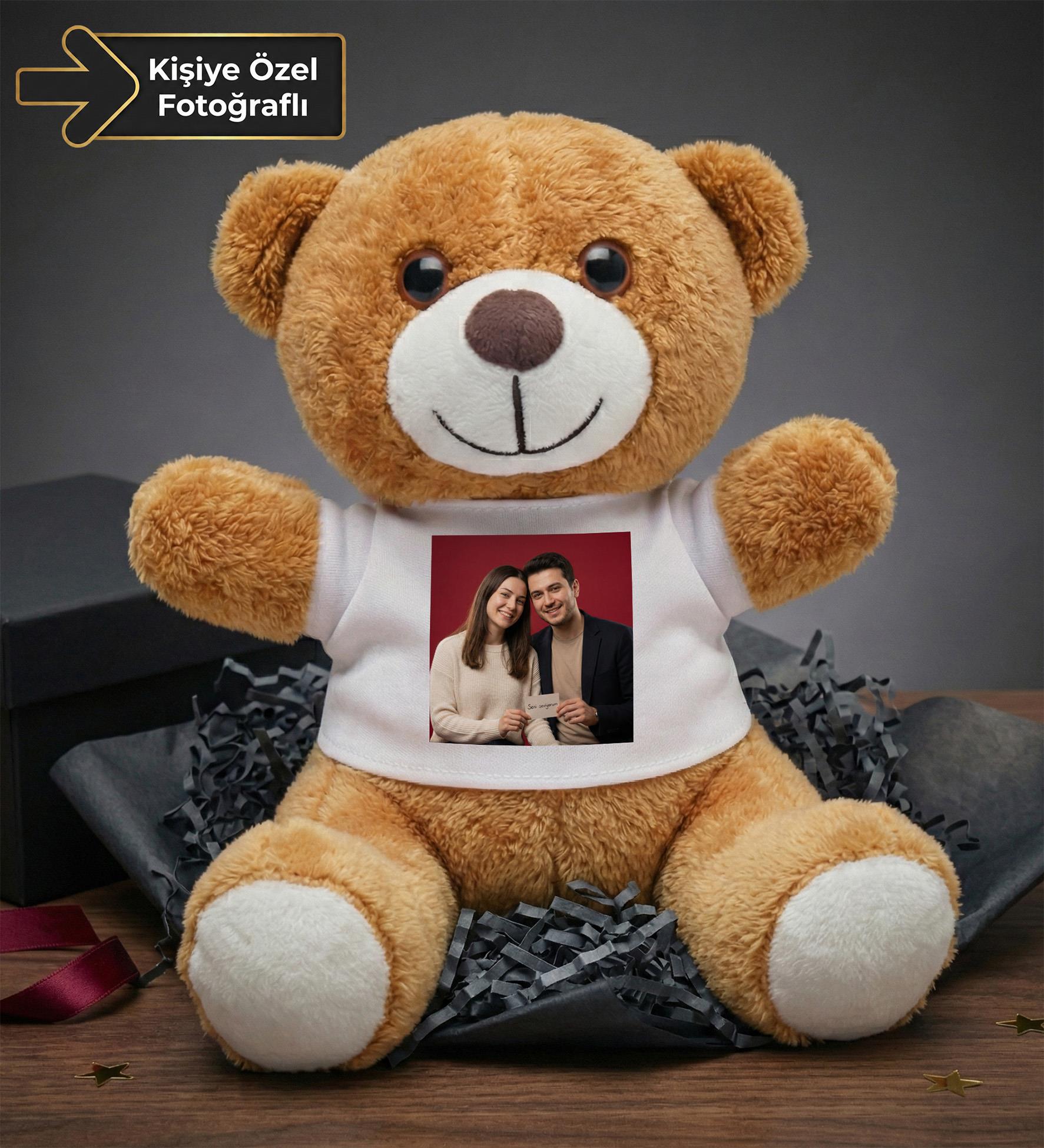 Kişiye Özel Baskılı Tişörtlü Kahverengi Peluş Ayıcık 22cm  Sevgiliye Hediye Peluş Ayıcık