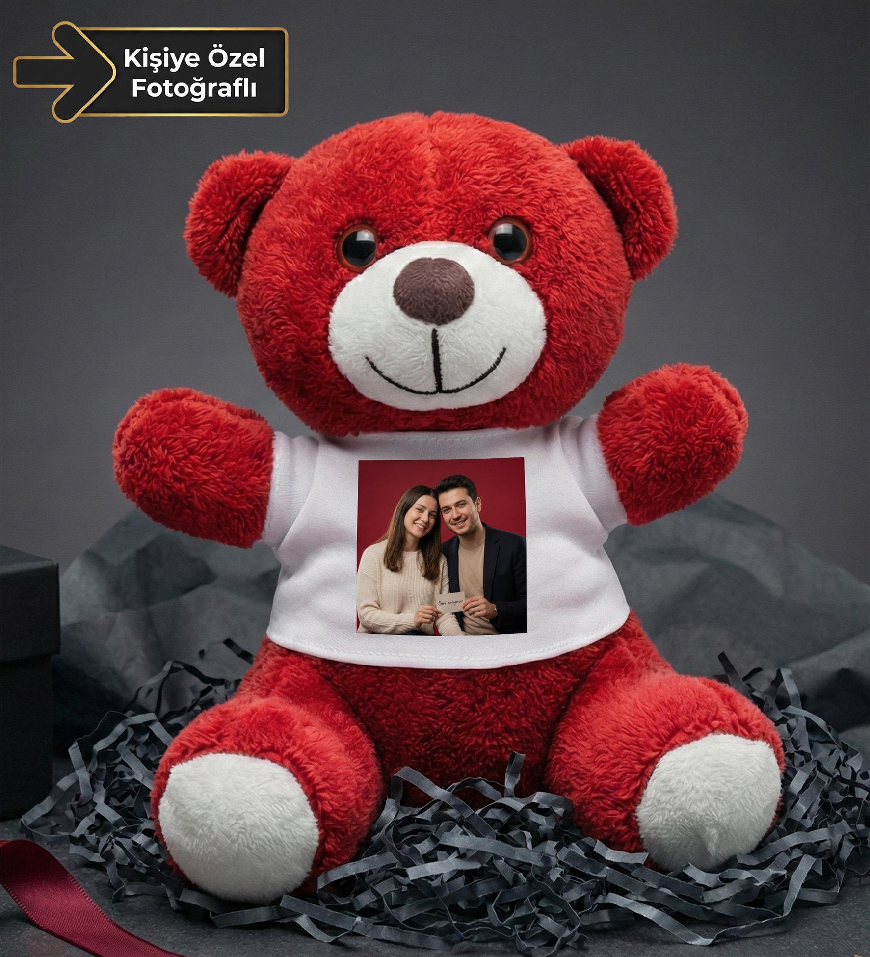 Kişiye Özel Baskılı Tişörtlü Kırmızı Peluş Ayıcık 22cm  Sevgiliye Hediye Peluş Ayıcık