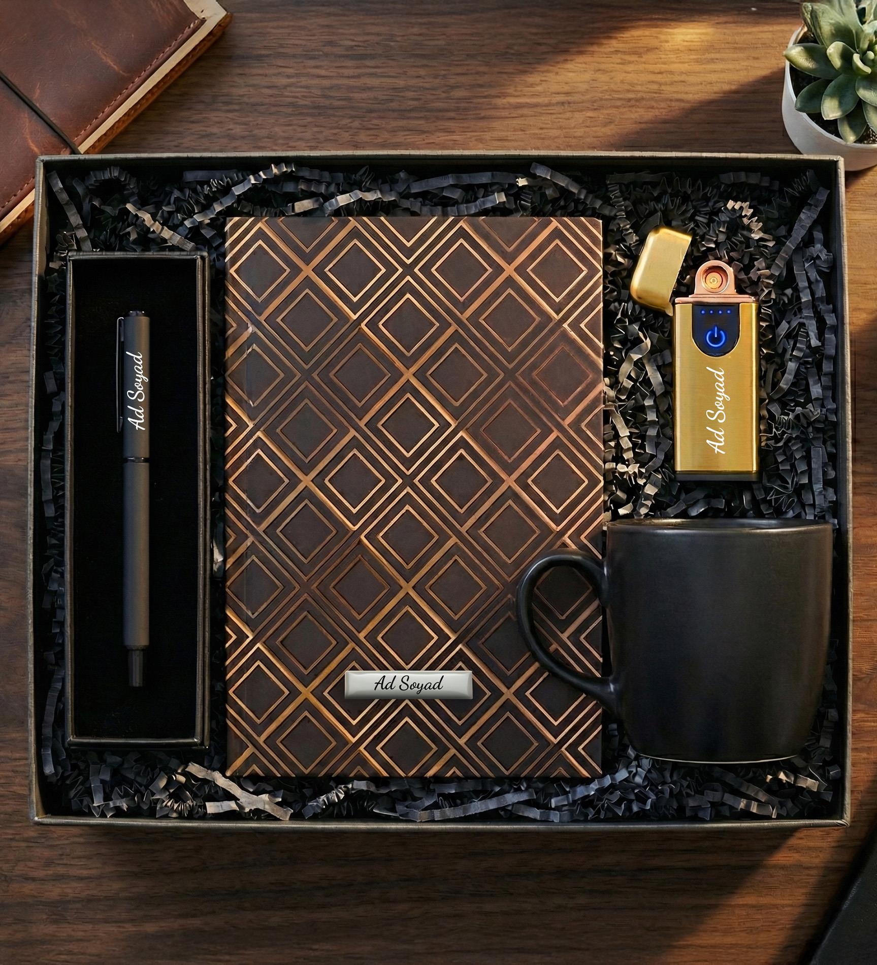 Kişiye Özel Dokunmatik Siyah USB Çakmak & Roller Kalem & Siyah Defter & Siyah Kupa Premium Hediye Seti
