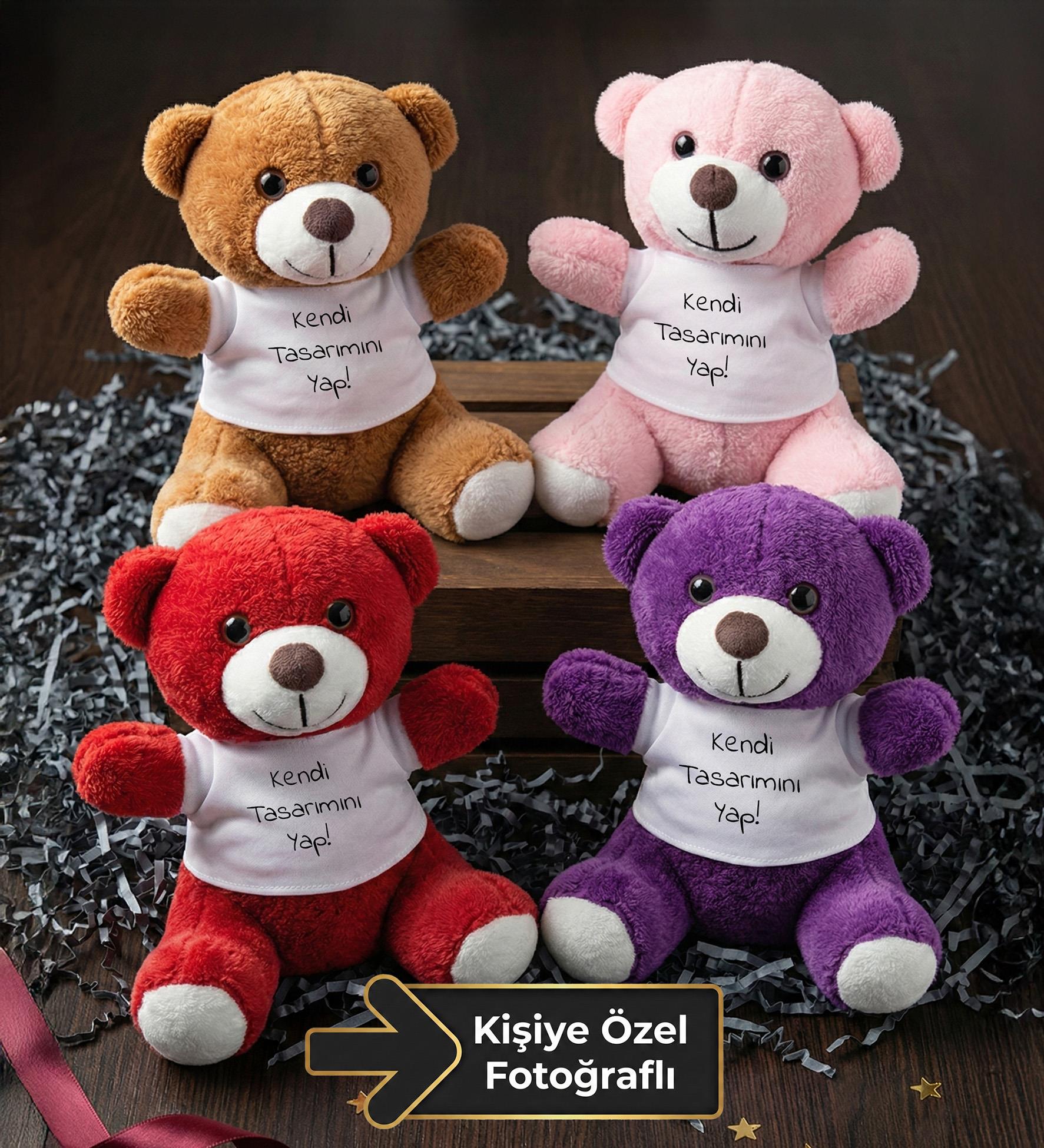 Kişiye Özel Fotoğraflı 4'lü Peluş Ayıcık Seti (Kırmızı Peluş Ayıcık & Mor Peluş Ayıcık & Pembe Peluş Ayıcık & Kahverengi Peluş Ayıcık)