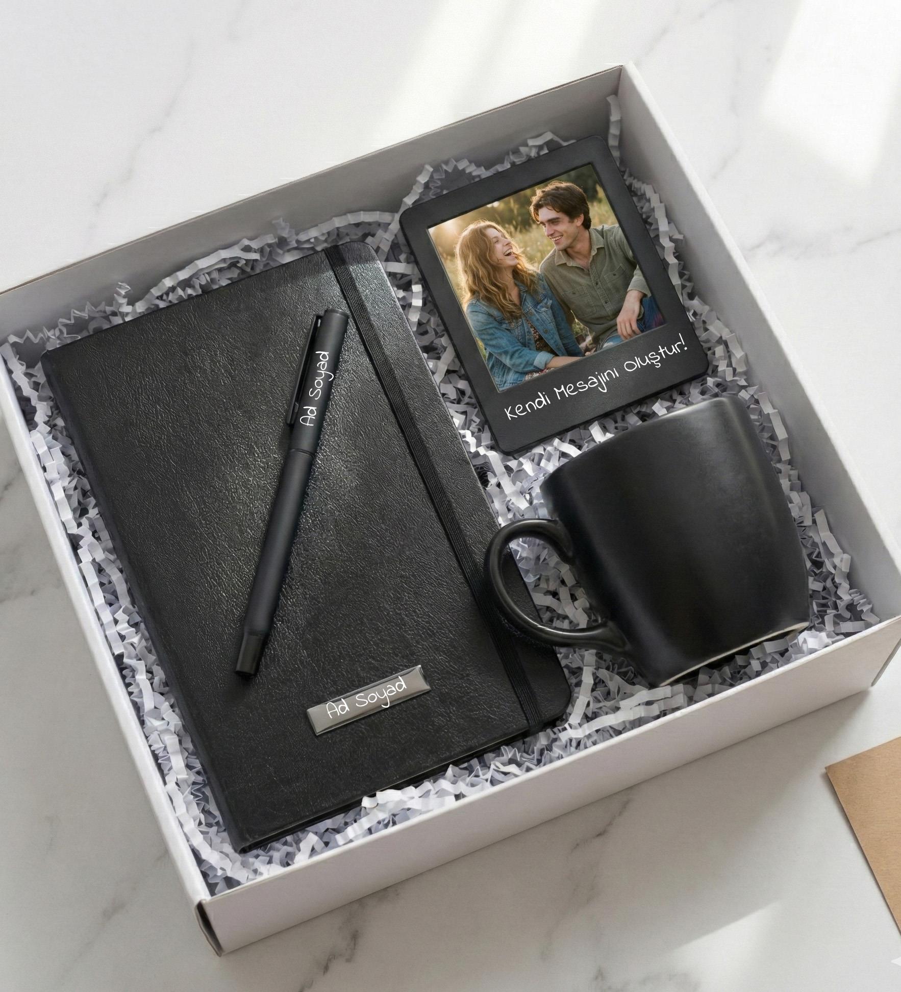 Kişiye Özel Fotoğraflı Çerçeve & Siyah Defter & Siyah Roller Kalem & Siyah Kupa Hediye Seti