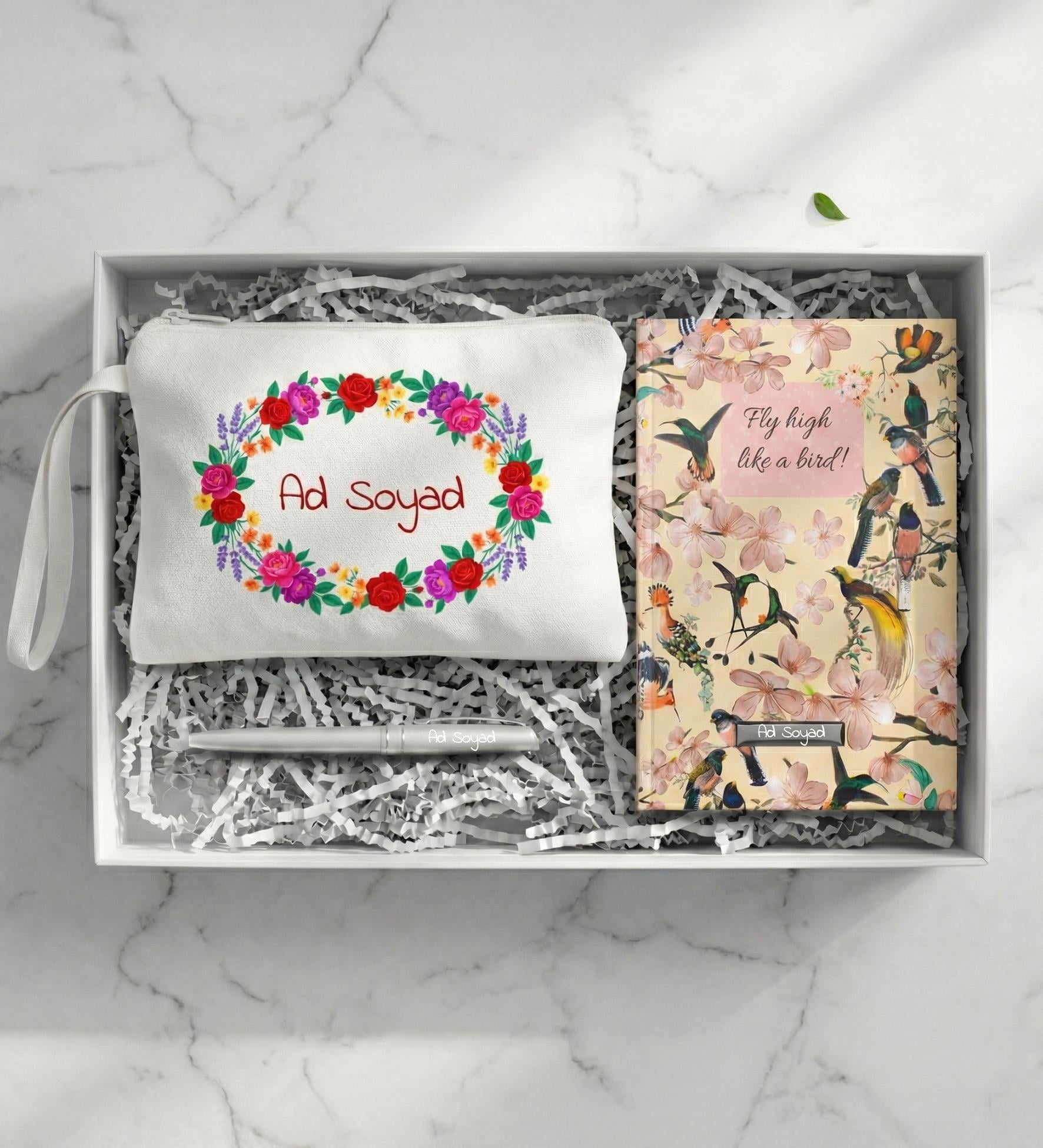 Kişiye Özel İsimli Makyaj Çantası & Kuş Motifli Defter & Gümüş Renk Roller Kalem Hediye Seti