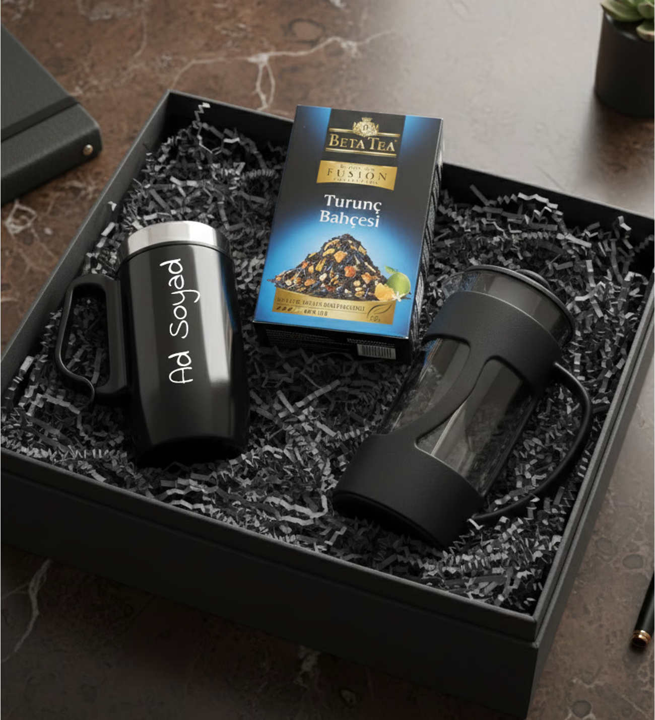 Kişiye Özel Siyah Bardak Termos & Beta Tea Çay & French Press Hediye Seti