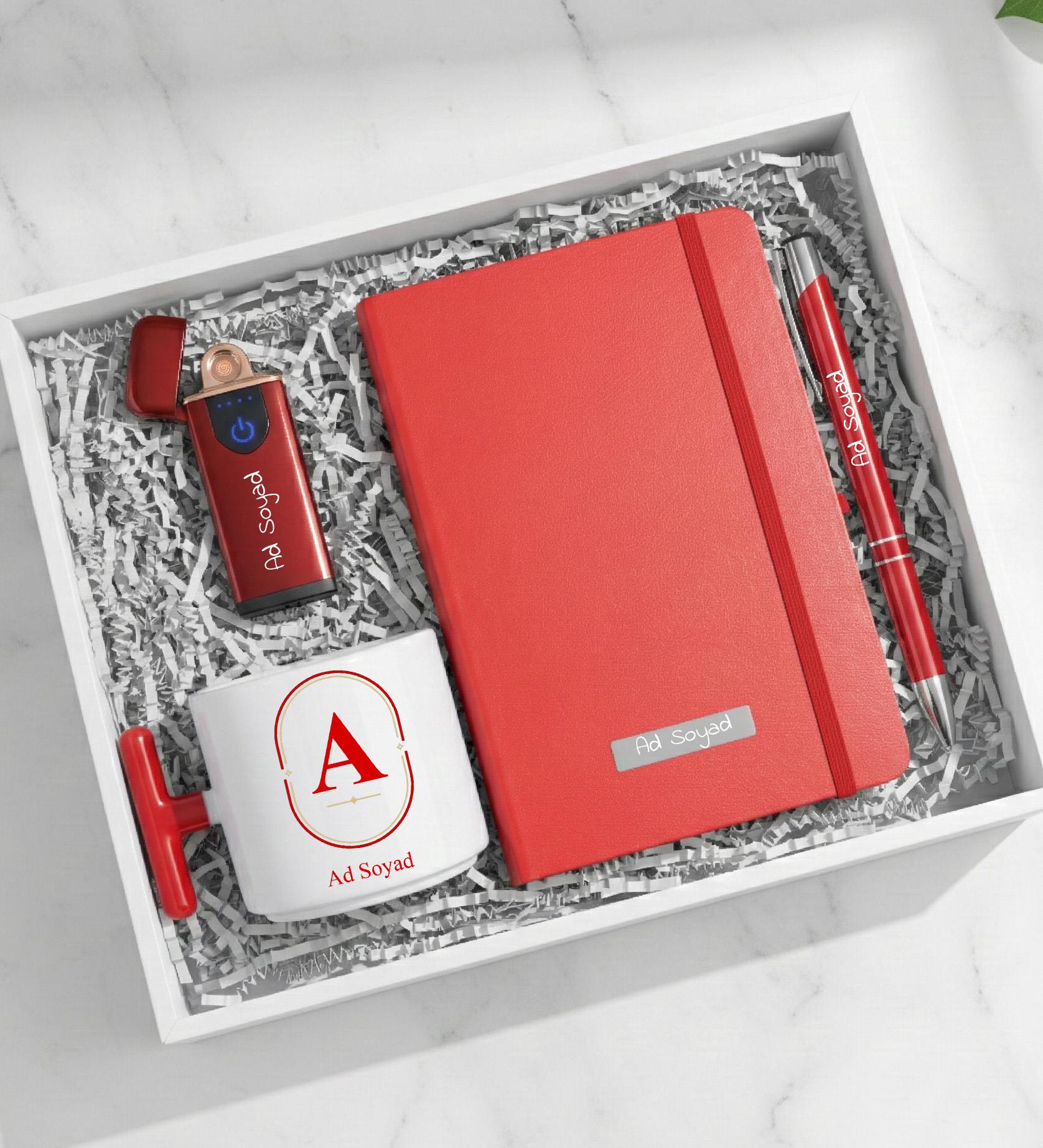 Kişiye Özel T Kupa & Kırmızı USB Çakmak & Defter & Kalem Premium Hediye Seti