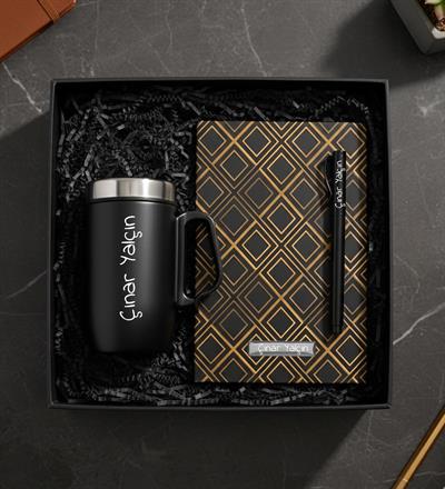 Kişiye Özel Bardak Termos & Gold Renk Kareli Defter & Roller Kalem Hediye Seti