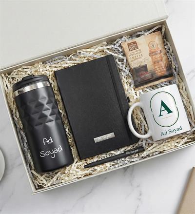 Kişiye Özel Geometrik Termos & Defter & Kalem & Baskılı Kupa & Pratik Filtre Kahve Hediye Seti
