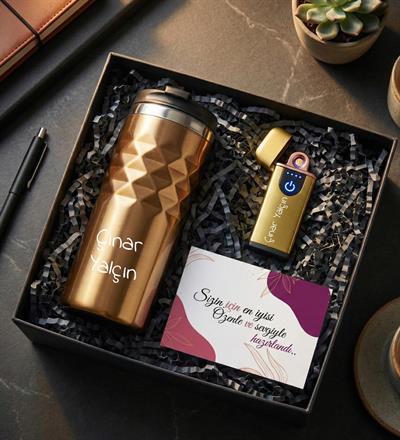 Kişiye Özel Geometrik Termos Bardak 300mL. & USB Alevsiz Elektrikli Çakmak & Not Hediye Seti - Sarı