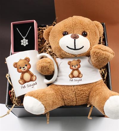 Kişiye Özel Peluş Ayıcık & Kupa & Kar Tanesi Kolye Hediye Seti