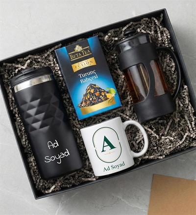 Kişiye Özel Siyah Geometrik Termos & Baskılı Kupa & French Press & Bitki Çayı Hediye Seti