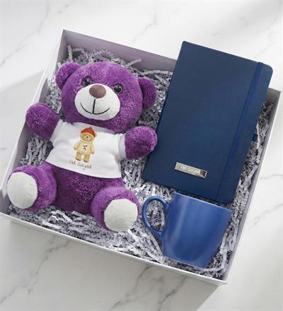 Kişiye Özel Tişörtlü Mor Peluş Ayıcık & Mavi Defter & Mavi Kupa Hediye Seti