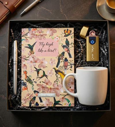 Kişiye Özel USB Çakmak & Defter & Kupa & Kalem Premium Hediye Seti - Sarı