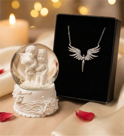 Beyaz Mini Melek Kar Küresi & Mikail Melek Kolye Hediye Seti - Sevgililer Gününe Özel Sevgiliye Hediye, Kız Arkadaşa Hediye