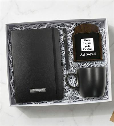 Kişiye Özel Ahşap Kalemlik & Siyah Defter & Roller Kalem & Siyah Kupa Hediye Seti