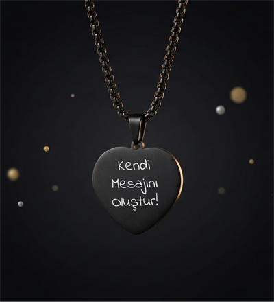 Kişiye Özel Baskılı Siyah Renk Kalpli Çelik Kolye - Sevgiliye Hediye
