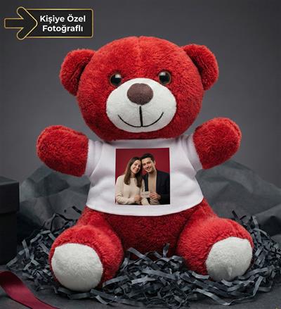 Kişiye Özel Baskılı Tişörtlü Kırmızı Peluş Ayıcık 22cm  Sevgiliye Hediye Peluş Ayıcık
