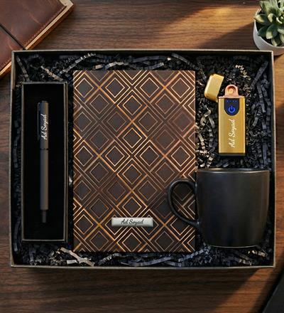 Kişiye Özel Dokunmatik Siyah USB Çakmak & Roller Kalem & Siyah Defter & Siyah Kupa Premium Hediye Seti