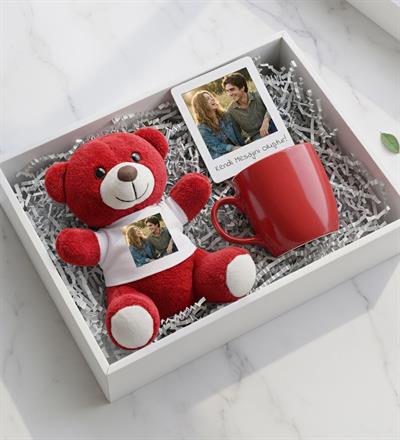 Kişiye Özel Fotoğraflı Kırmızı Peluş Ayıcık & Çerçeve & Kırmızı Kupa Hediye Seti