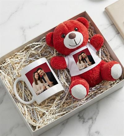Kişiye Özel Fotoğraflı Peluş Ayıcık & Kişiye Özel Fotoğraflı Kupa Bardak Hediye Seti Kırmızı