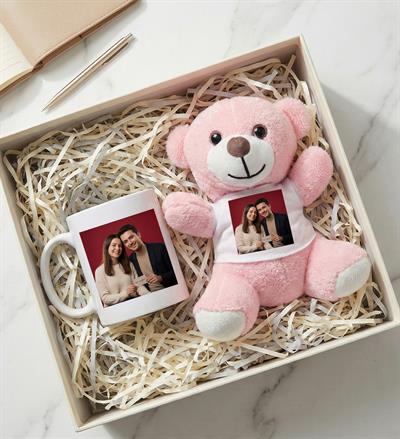 Kişiye Özel Fotoğraflı Peluş Ayıcık & Kişiye Özel Fotoğraflı Kupa Bardak Hediye Seti Pembe