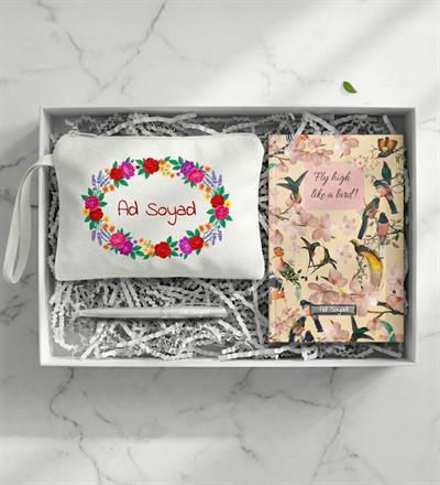 Kişiye Özel İsimli Makyaj Çantası & Kuş Motifli Defter & Gümüş Renk Roller Kalem Hediye Seti