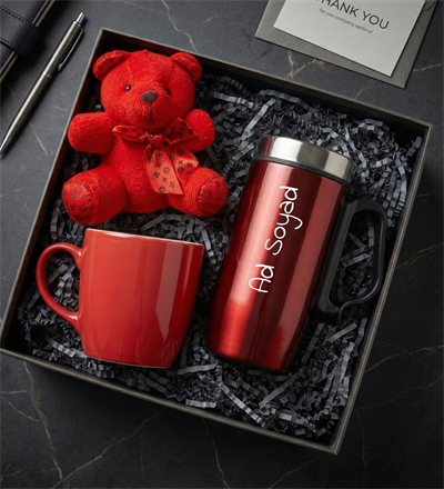 Kişiye Özel Kırmızı Bardak Termos & Kırmızı Kupa & Kırmızı Mini Peluş Ayıcık Anahtarlık Hediye Seti
