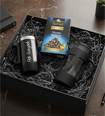 Kişiye Özel Siyah Bardak Termos & Beta Tea Çay & French Press Hediye Seti