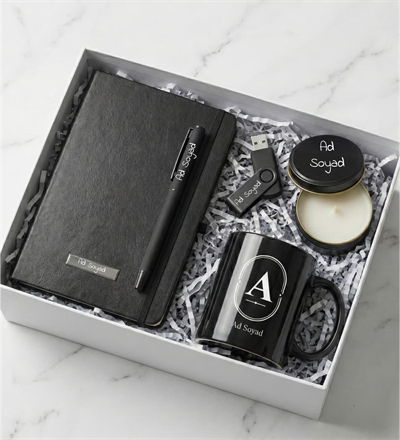 Kişiye Özel Siyah Kupa Bardak & 32 GB USB Bellek & Defter & Kalem & Metal Kutulu Mum Hediye Seti