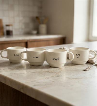 Live, Love, Laugh ve Kalp Baskılı 4'lü Porselen Espresso Kahve Fincan Takımı 100ml