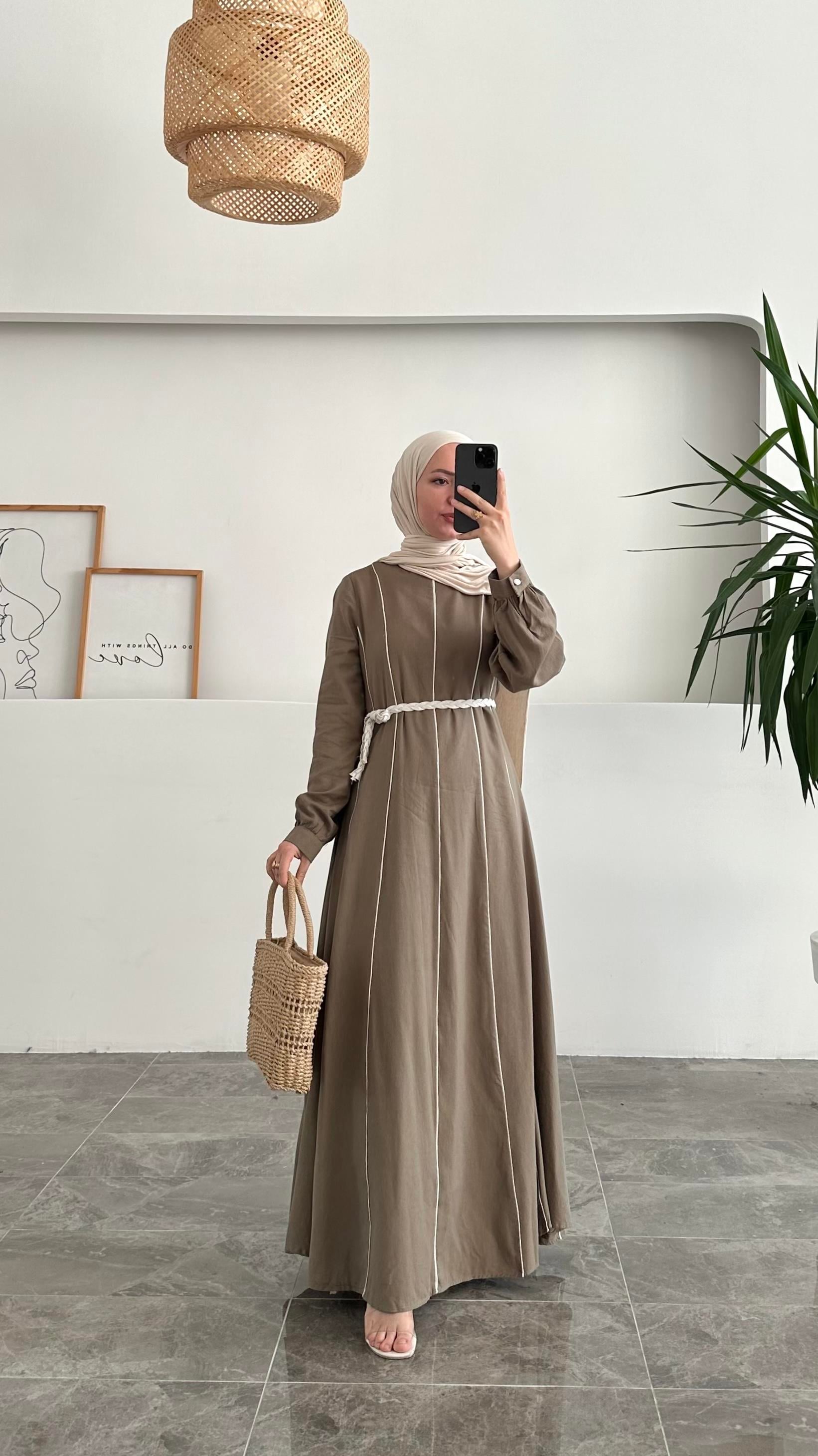 Abae Pinterest Biyeli Keten Haki Elbise 