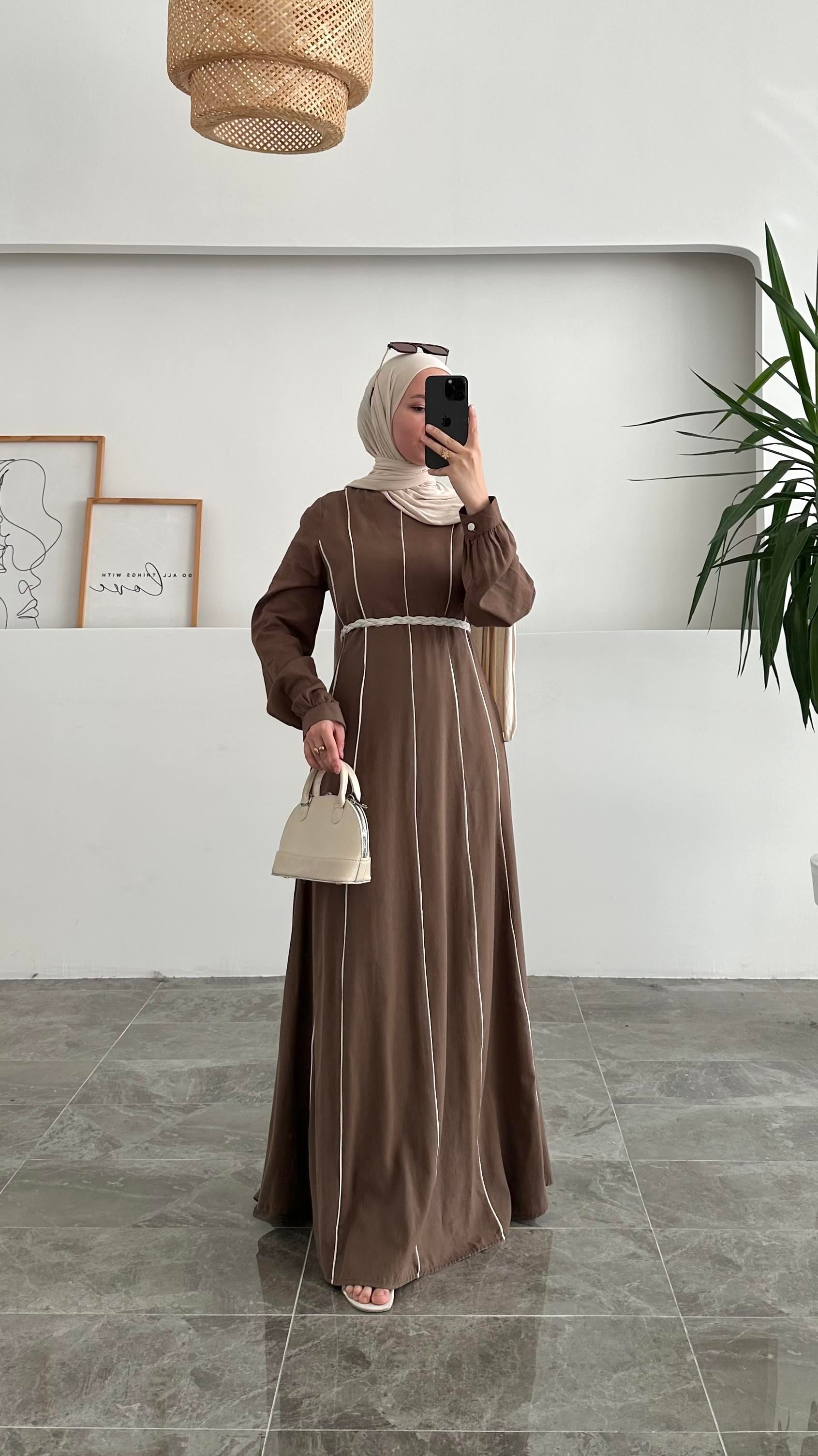 Abae Pinterest Biyeli Keten Kahverengi Elbise 