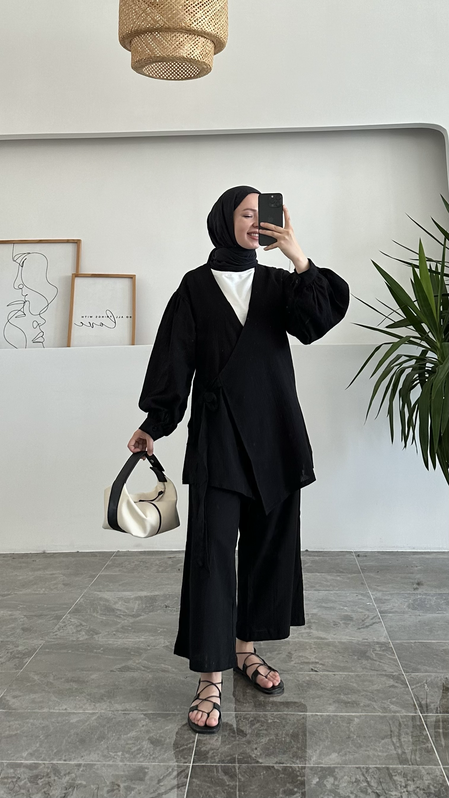 Acaz Siyah Keten Kimono Takım