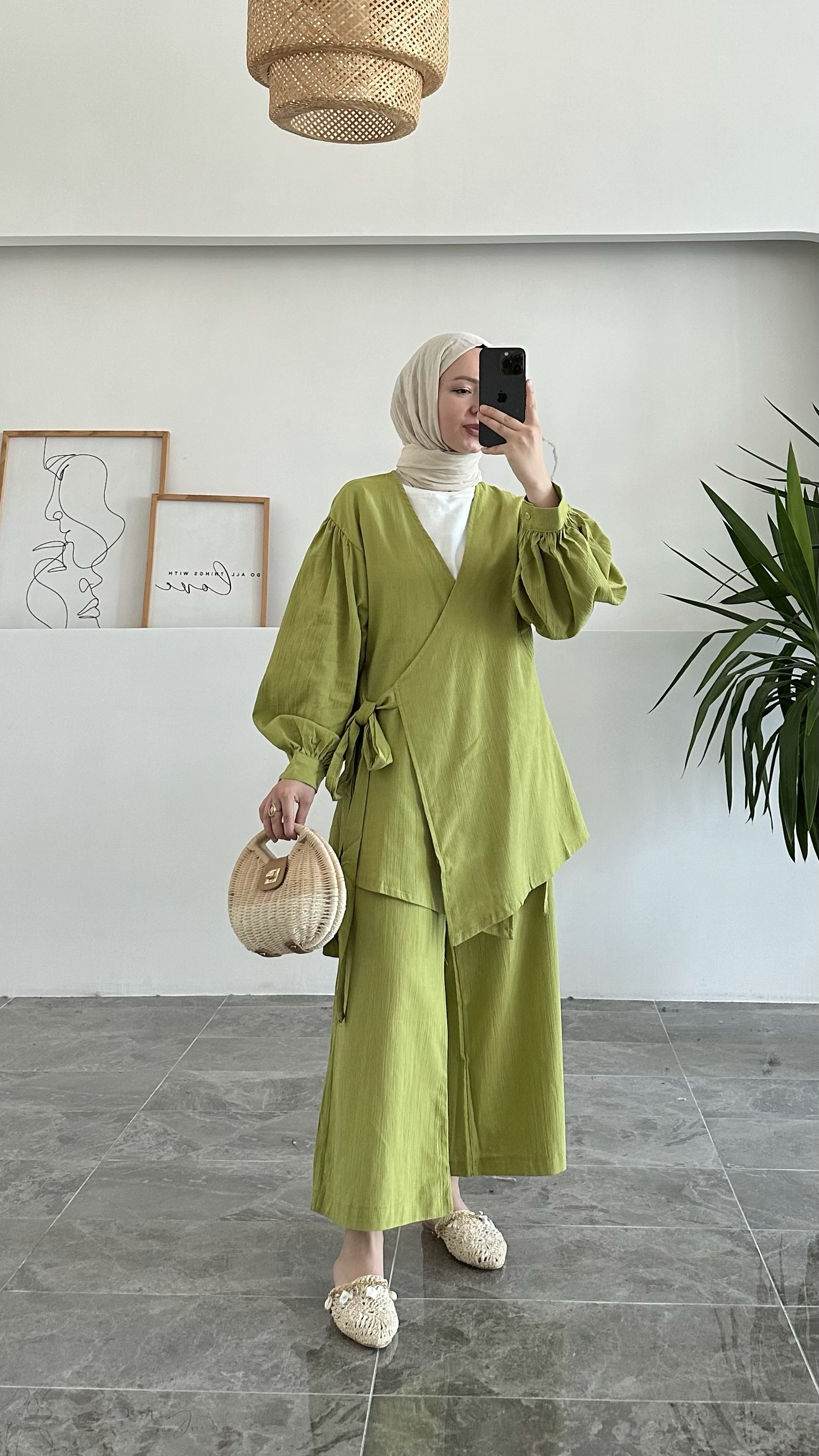 Acaz Yeşil Keten Kimono Takım