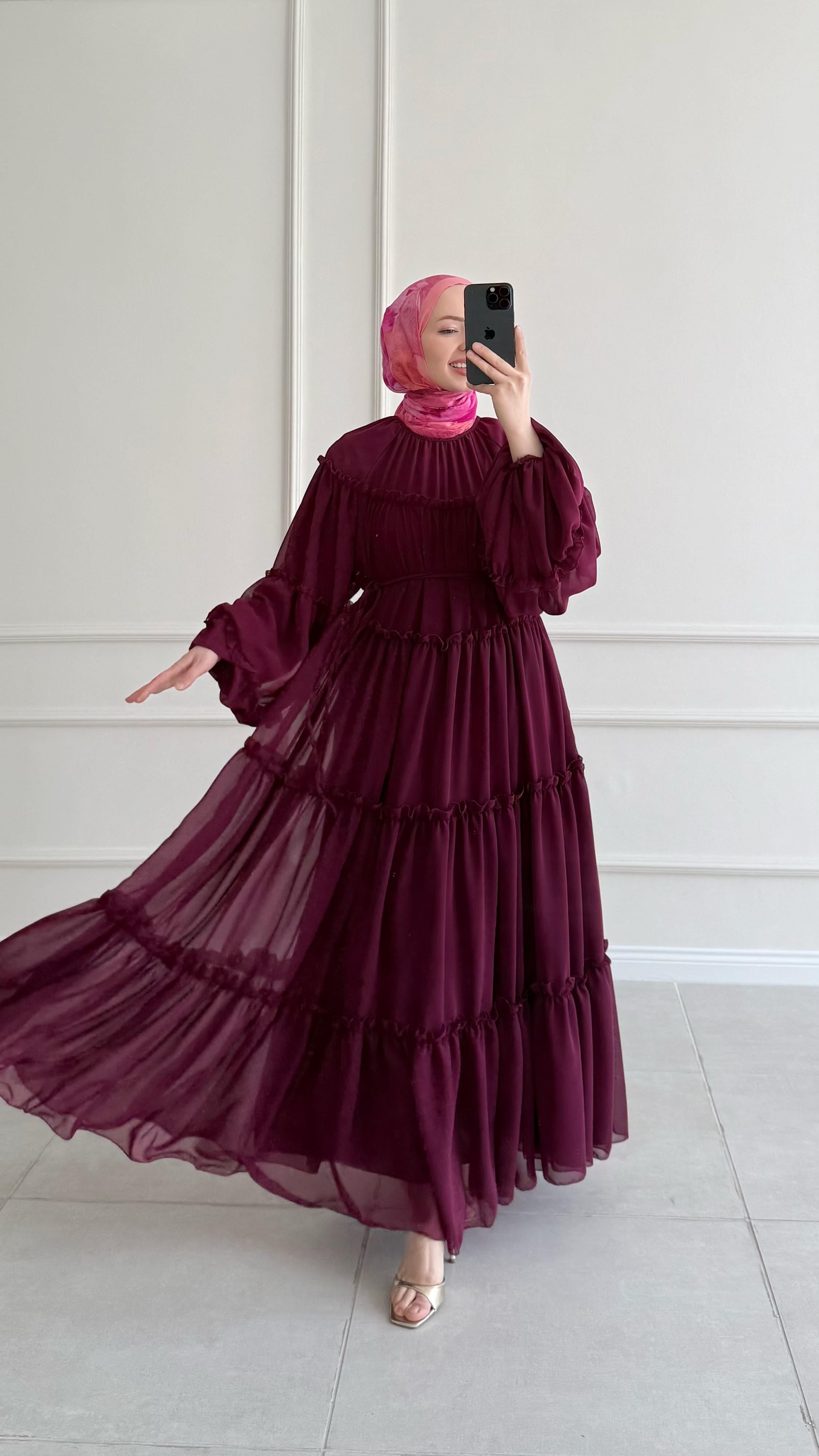 Alessia Fırfırlı Bordo Şifon Elbise 