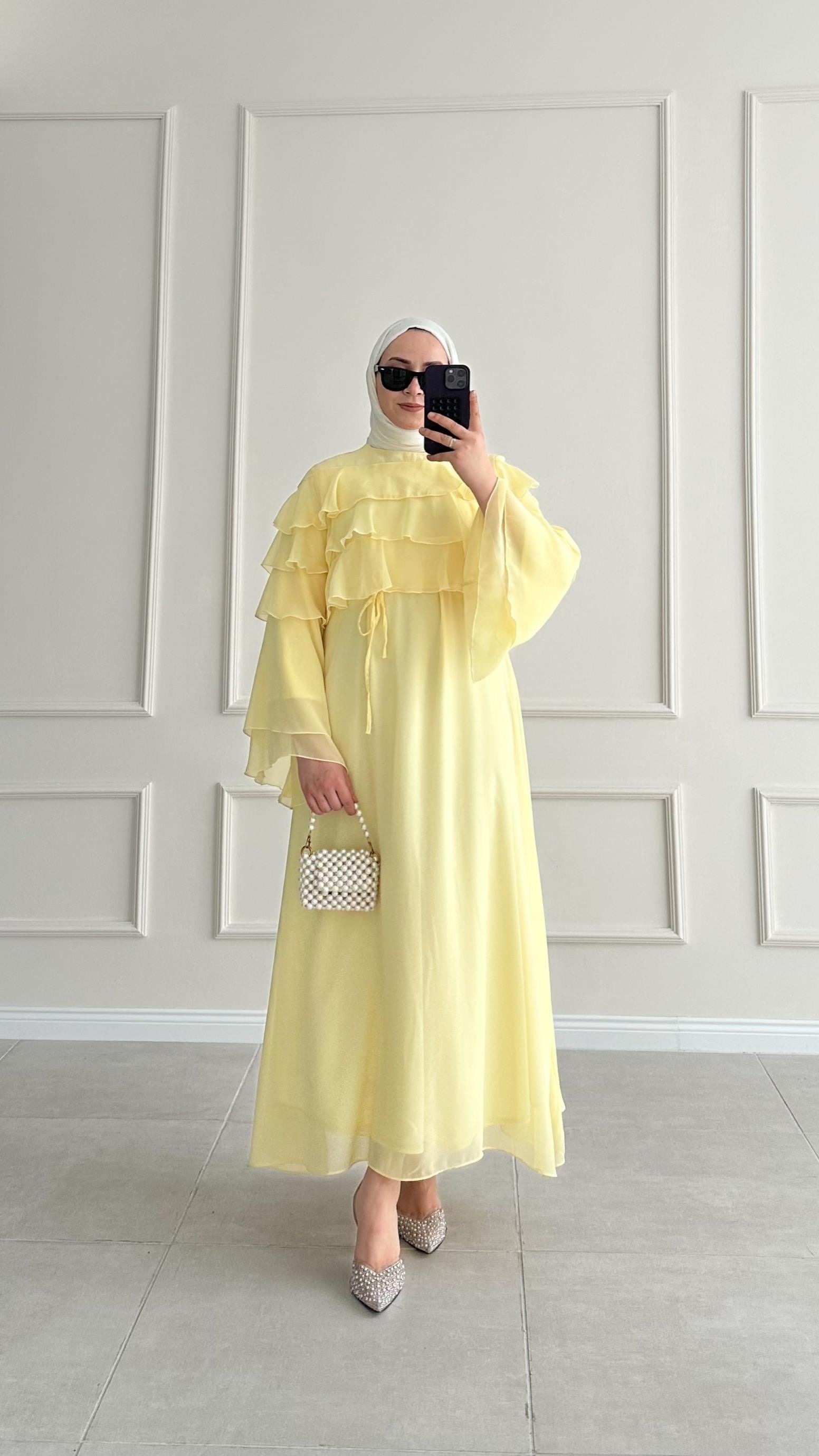 Almira Premium Şifon Sarı Elbise