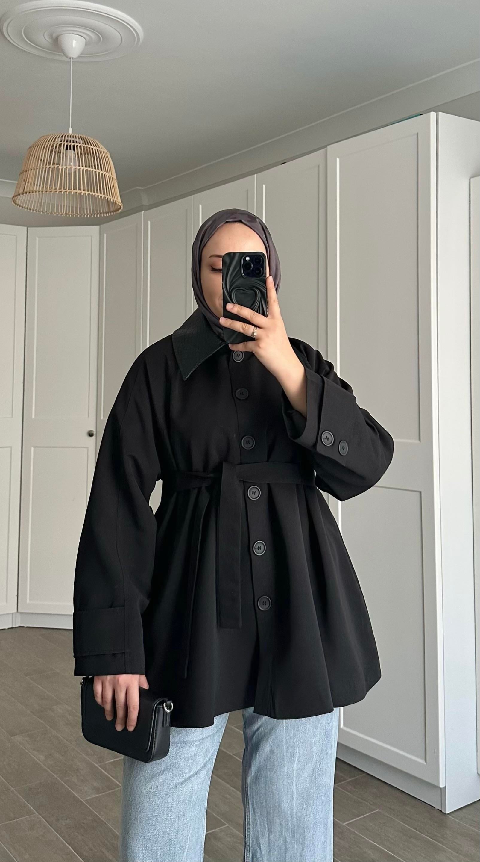 Amazon Düğmeli Siyah Trençkot