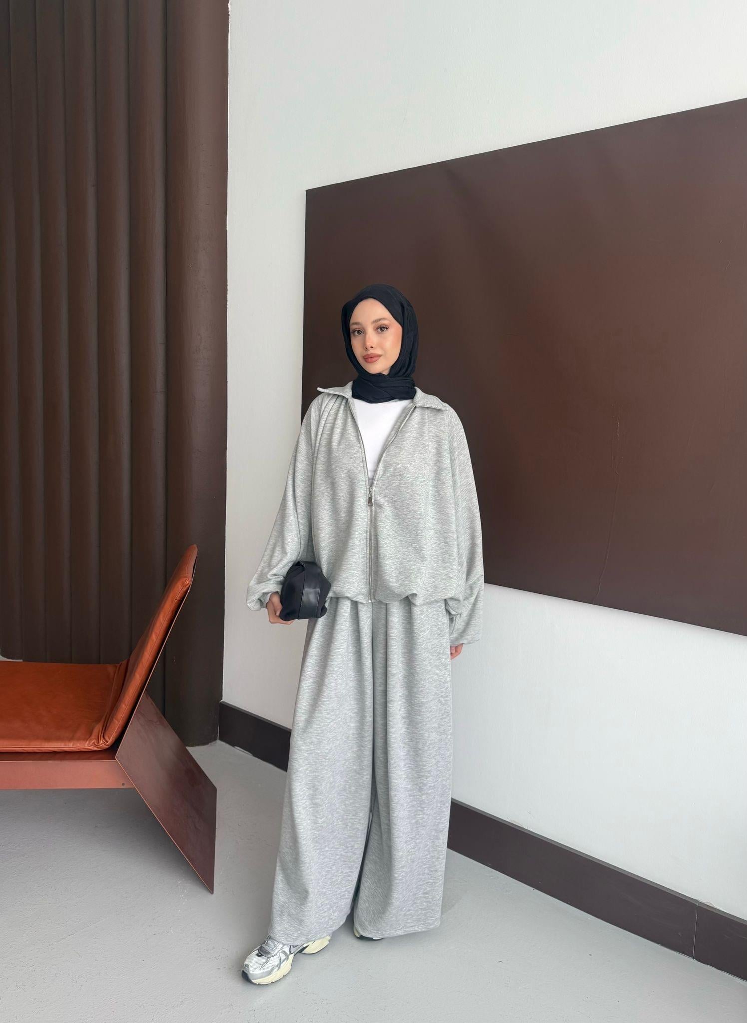 Amelia Fermuarlı Oversize Gri Takım