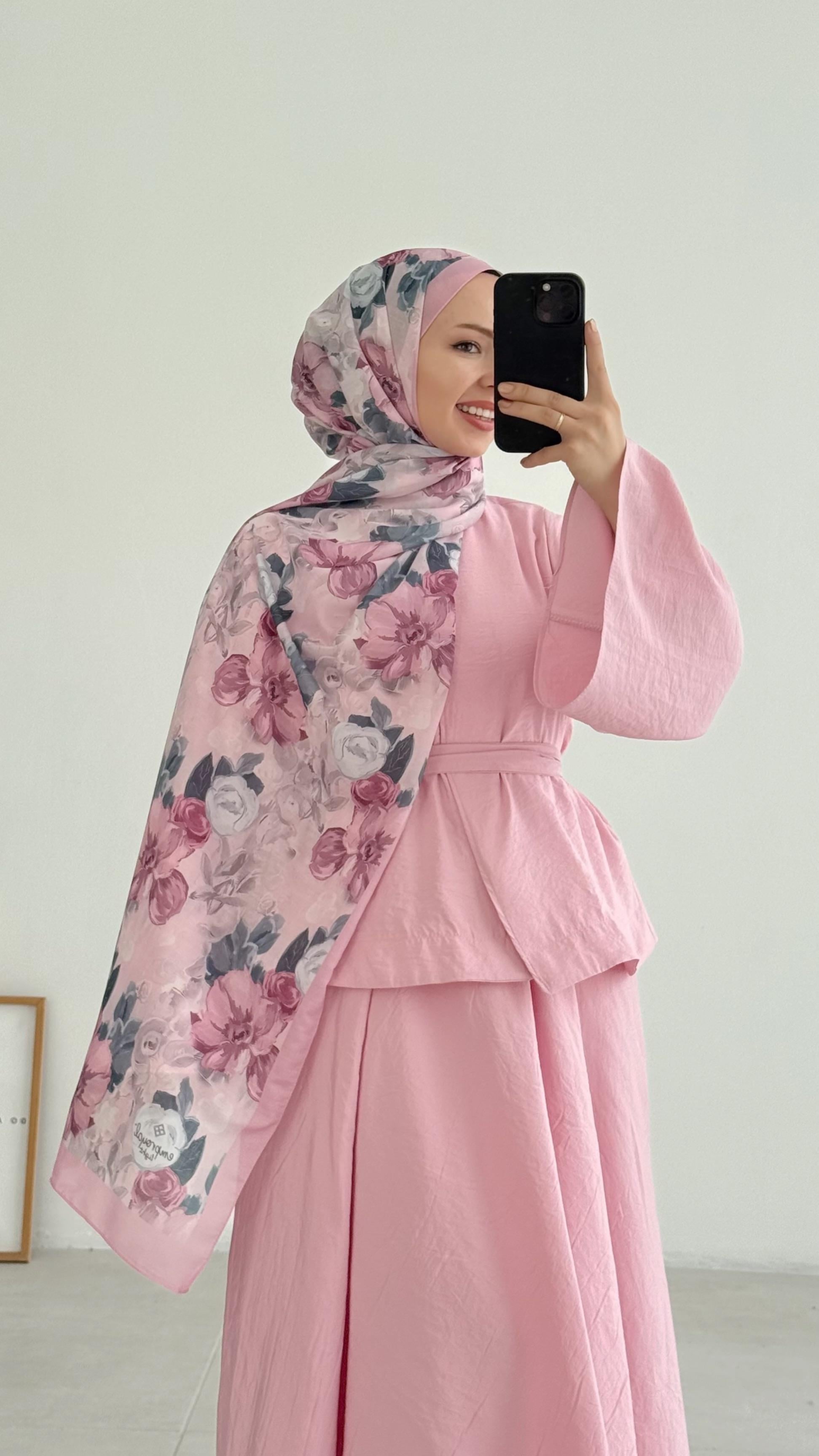 Anel Çiçek Desenli İpek Toz Pembe Şal
