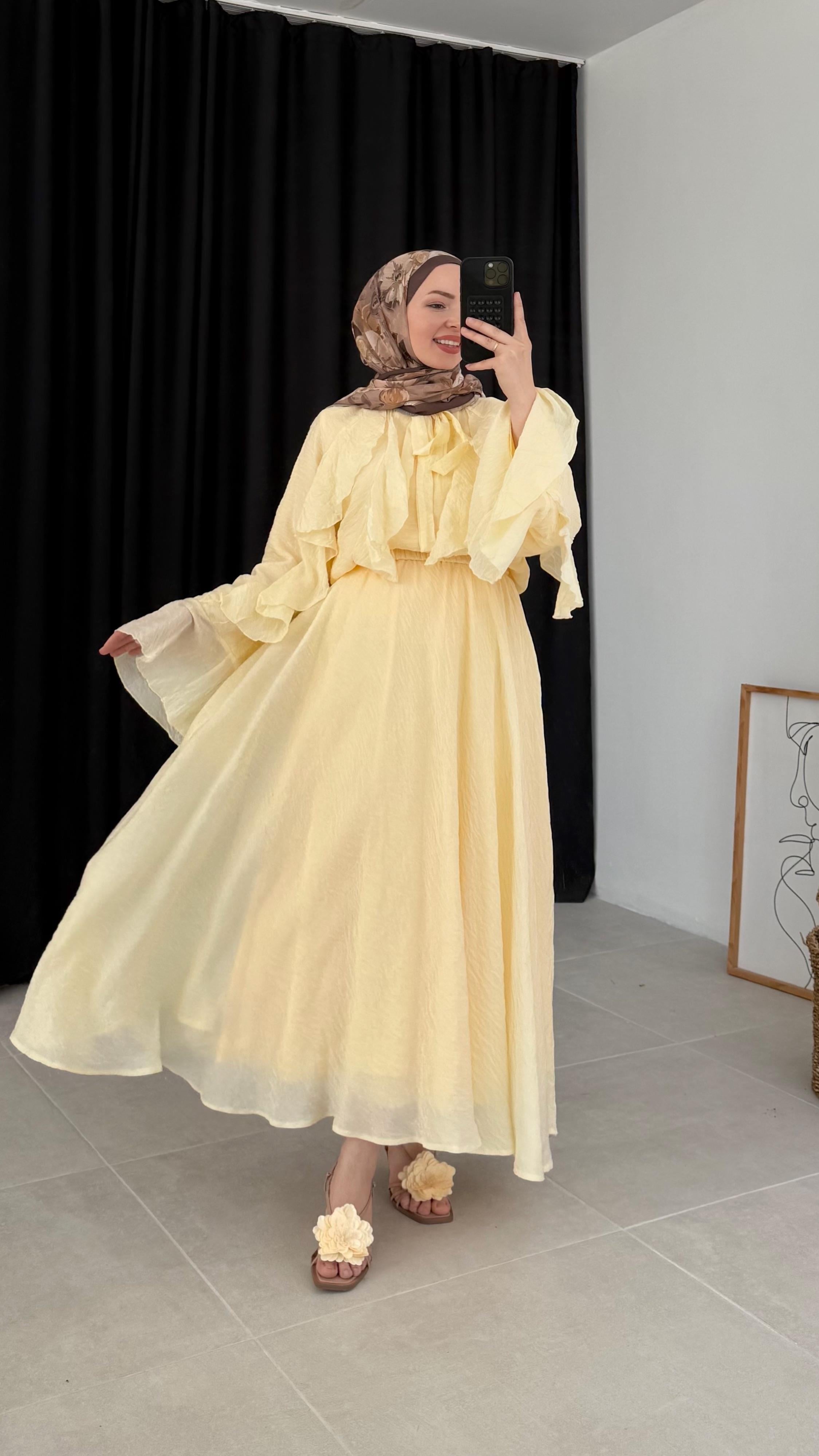 Anely Fırfırlı İspanyol Kol Soft Sarı Etek Takım