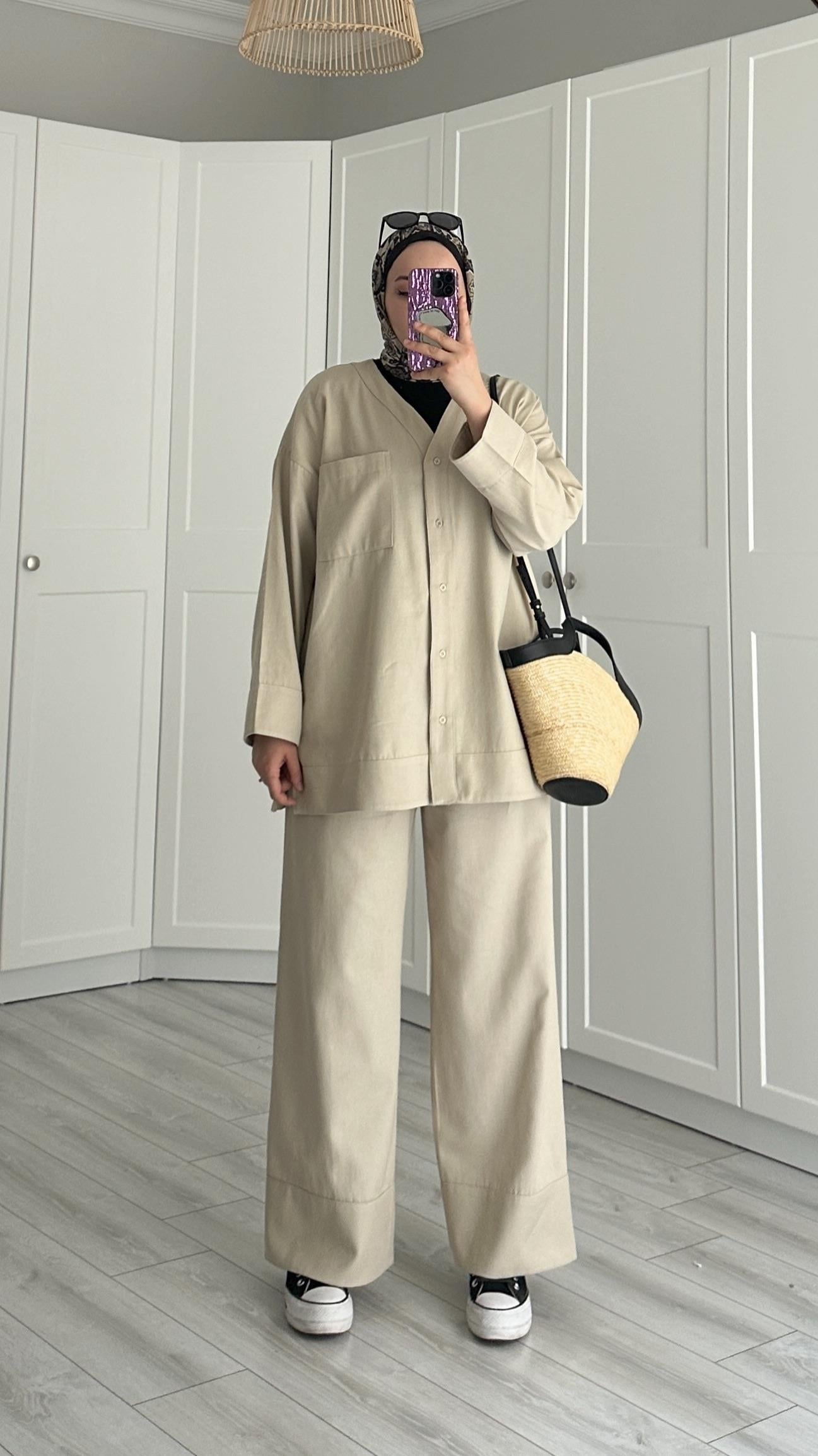 Anka V Yaka Cepli Keten Krem Takım