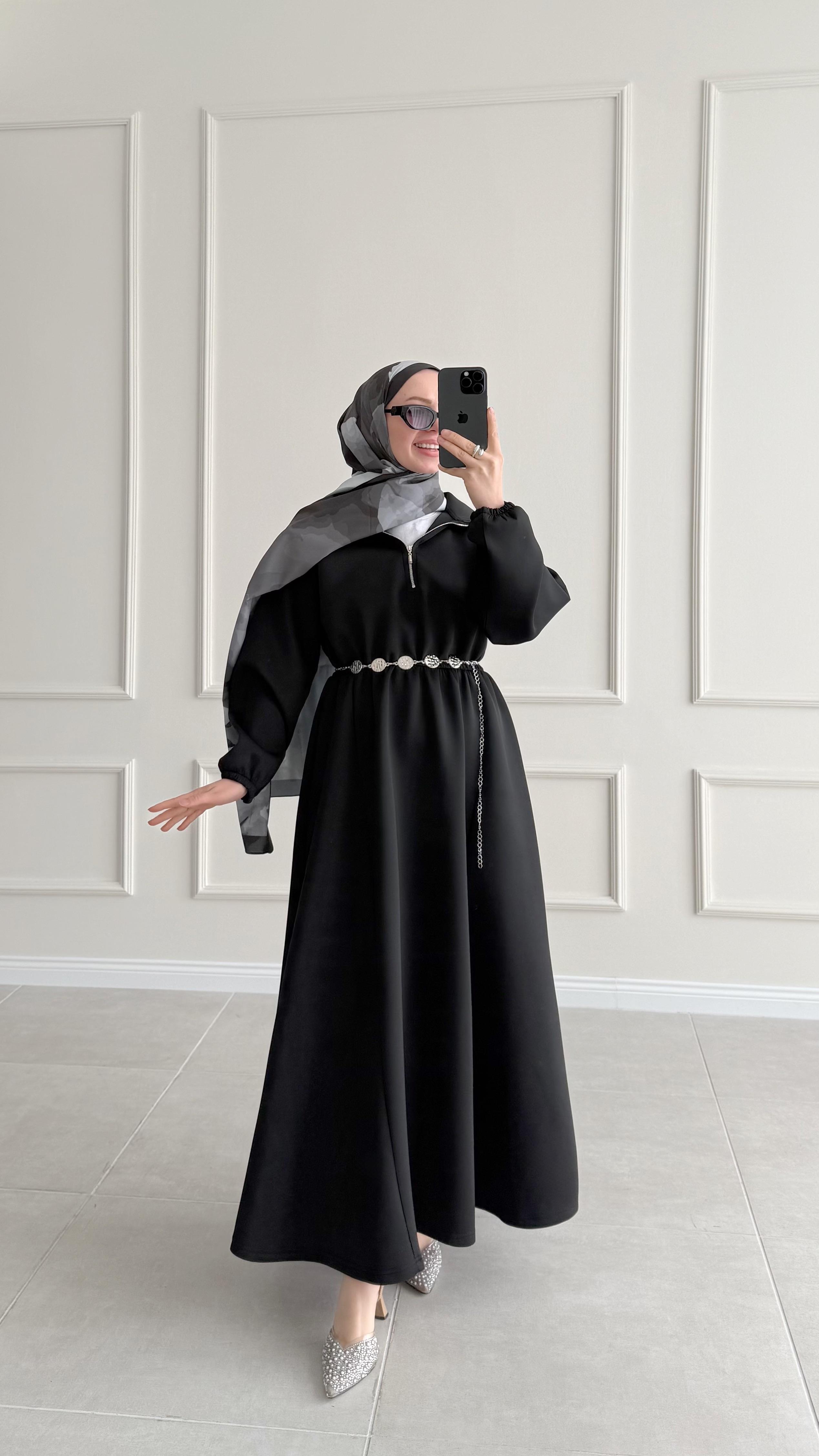 Apena Zra Fermuar Detaylı Siyah Scuba Elbise 