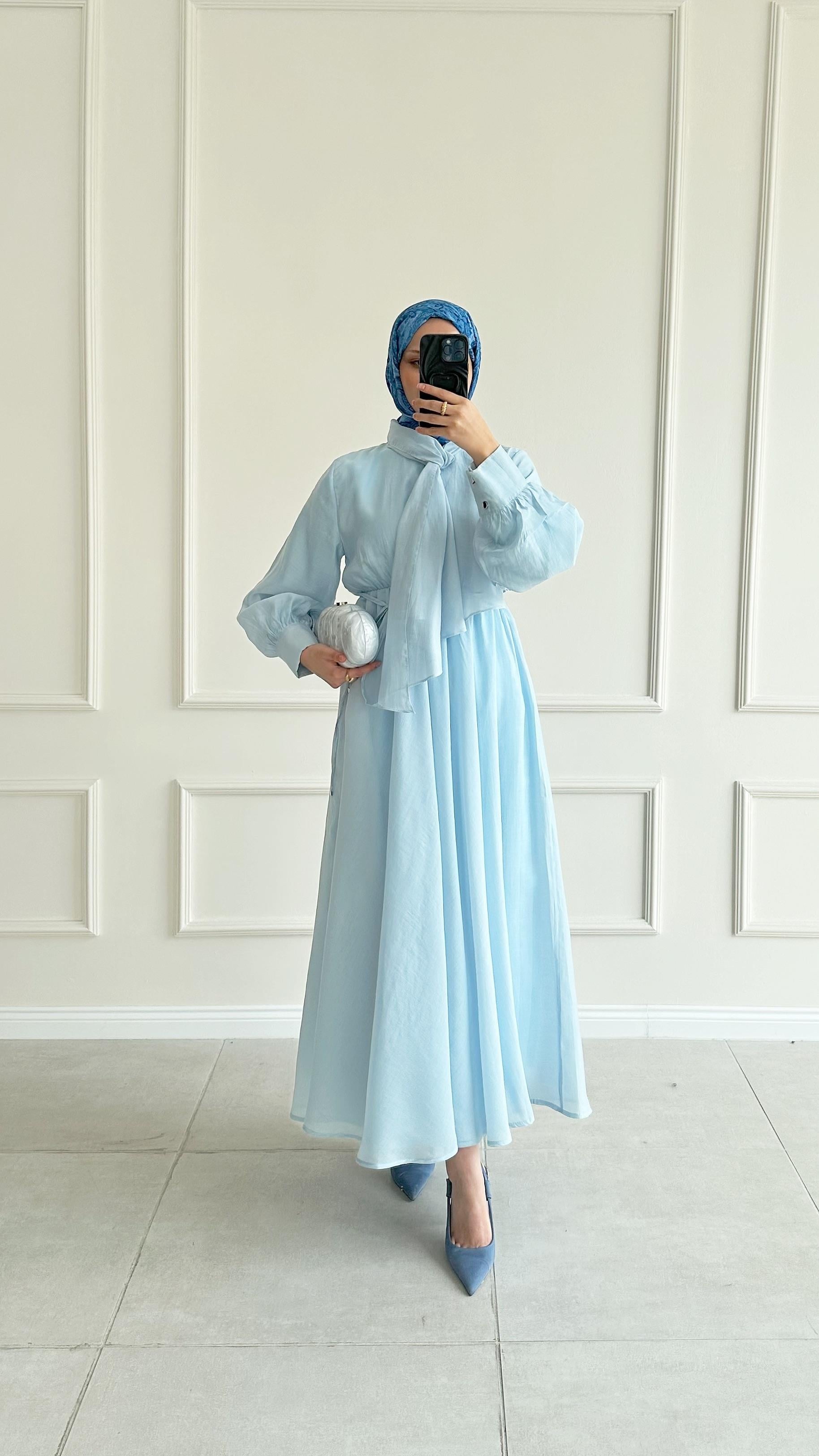 Asenta Fularlı Mendil Yaka Mavi Elbise