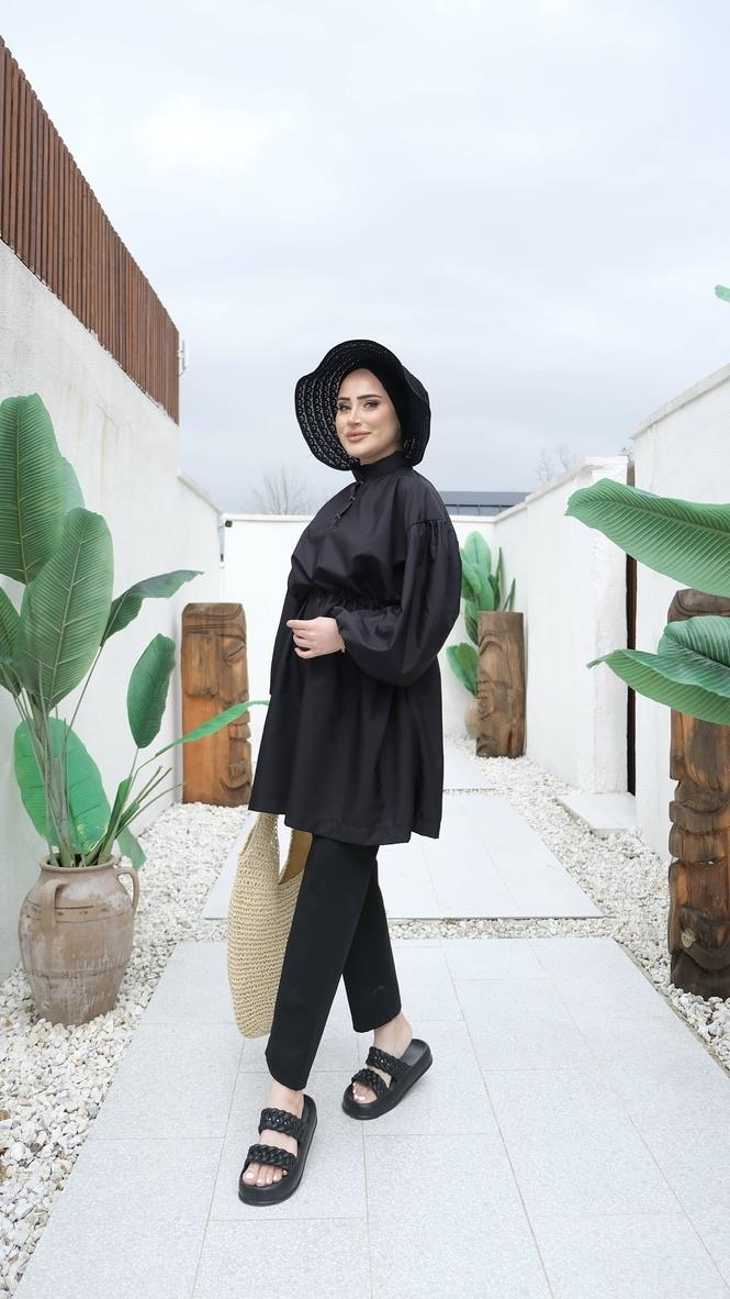 Balon Kol Bel Bağlamalı Çıtçıtlı Oversize Kesim Tesettür Siyah Mayo