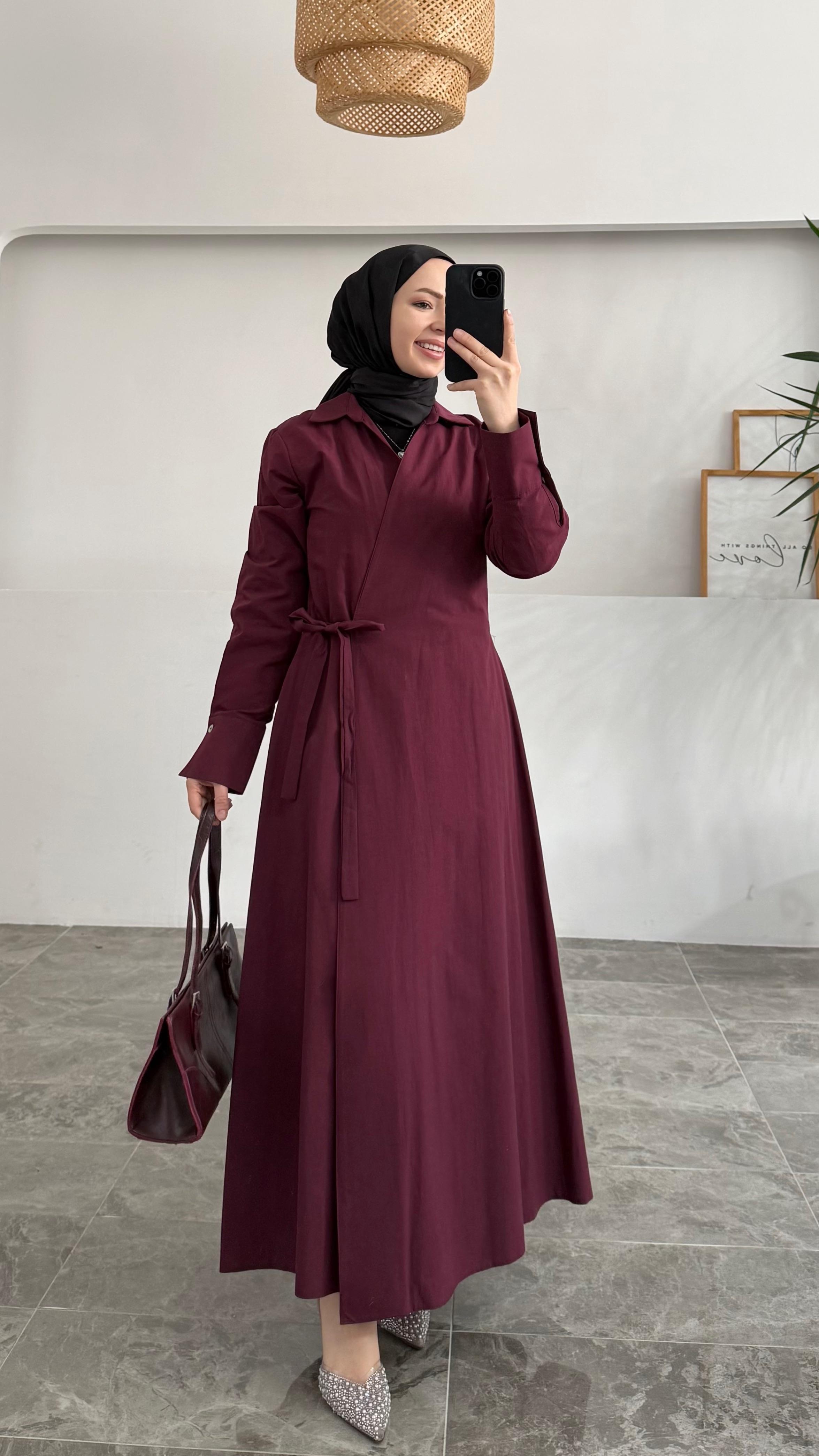 Bessel Kruvaze Yandan Bağlamalı Premium Bordo Elbise 