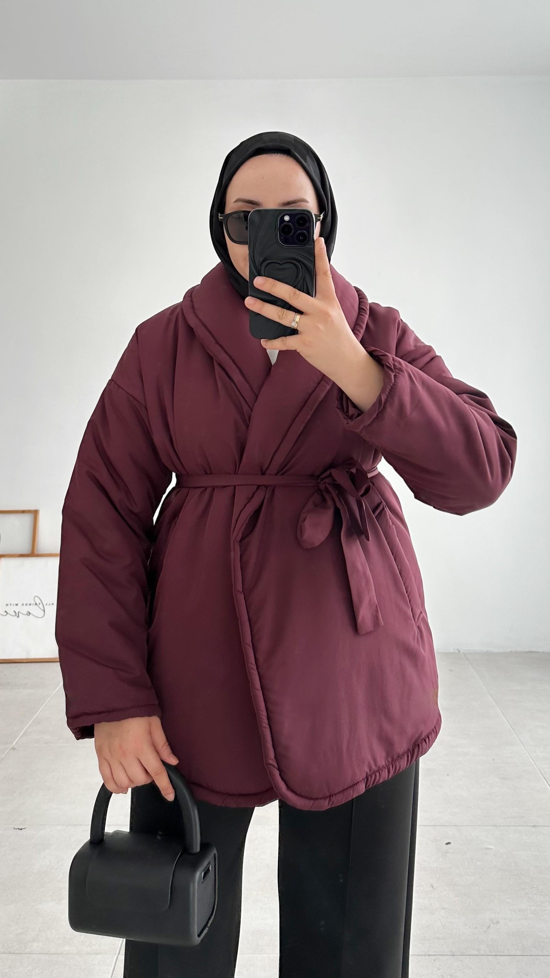 Bony Düz Kemerli Bordo Şişme Mont
