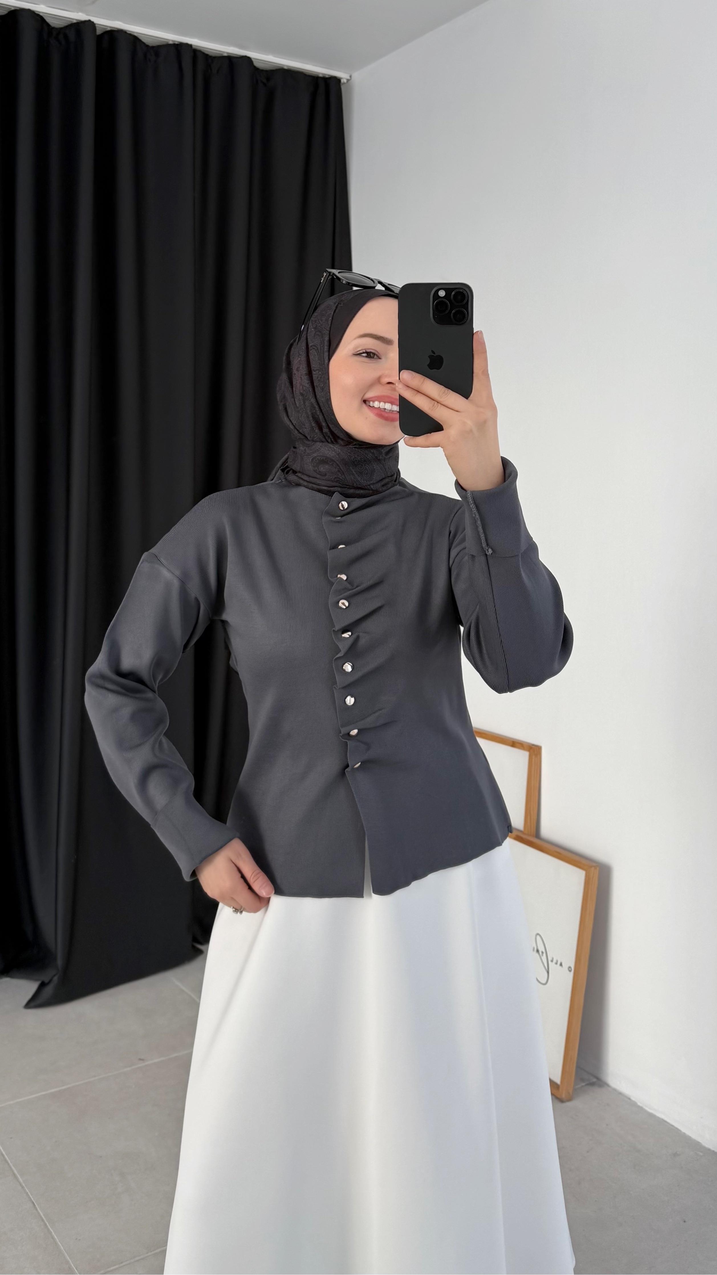 Çies Merserize Fırfırlı Antrasit Hırka