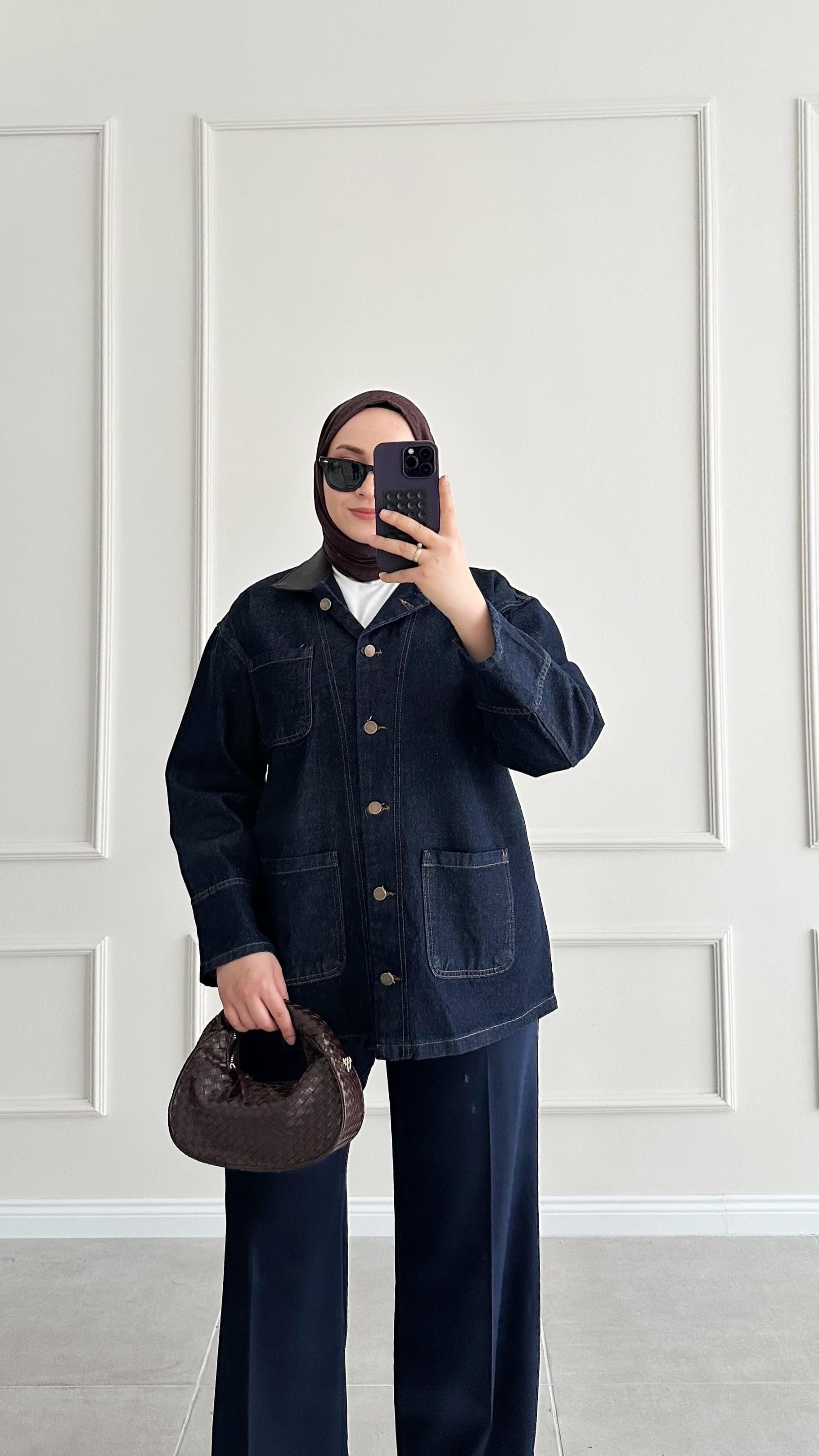 Dello Lacivert Denim Deri Yaka Ceket