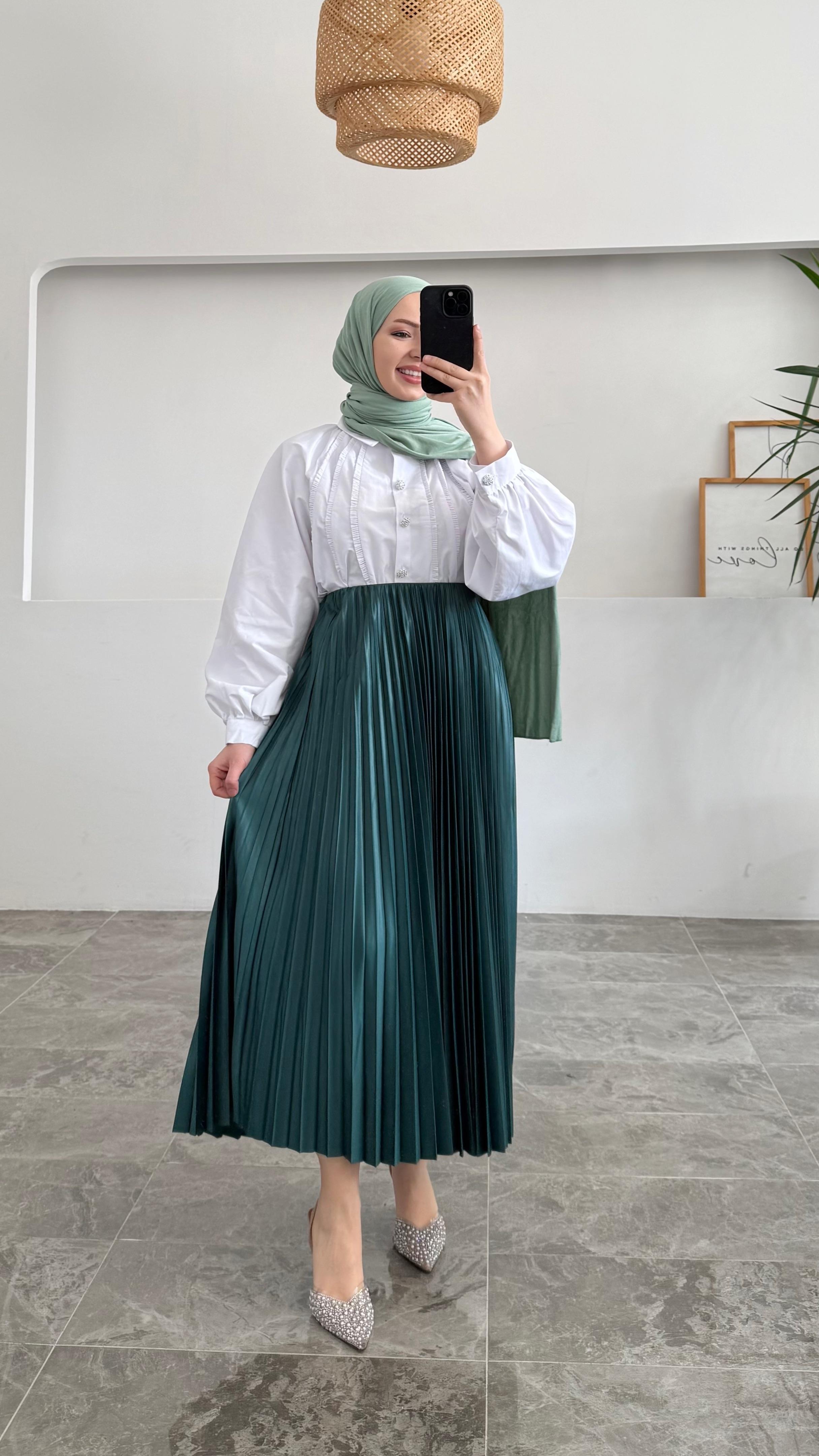 Diana Zümrüt Yeşili Piliseli Etek