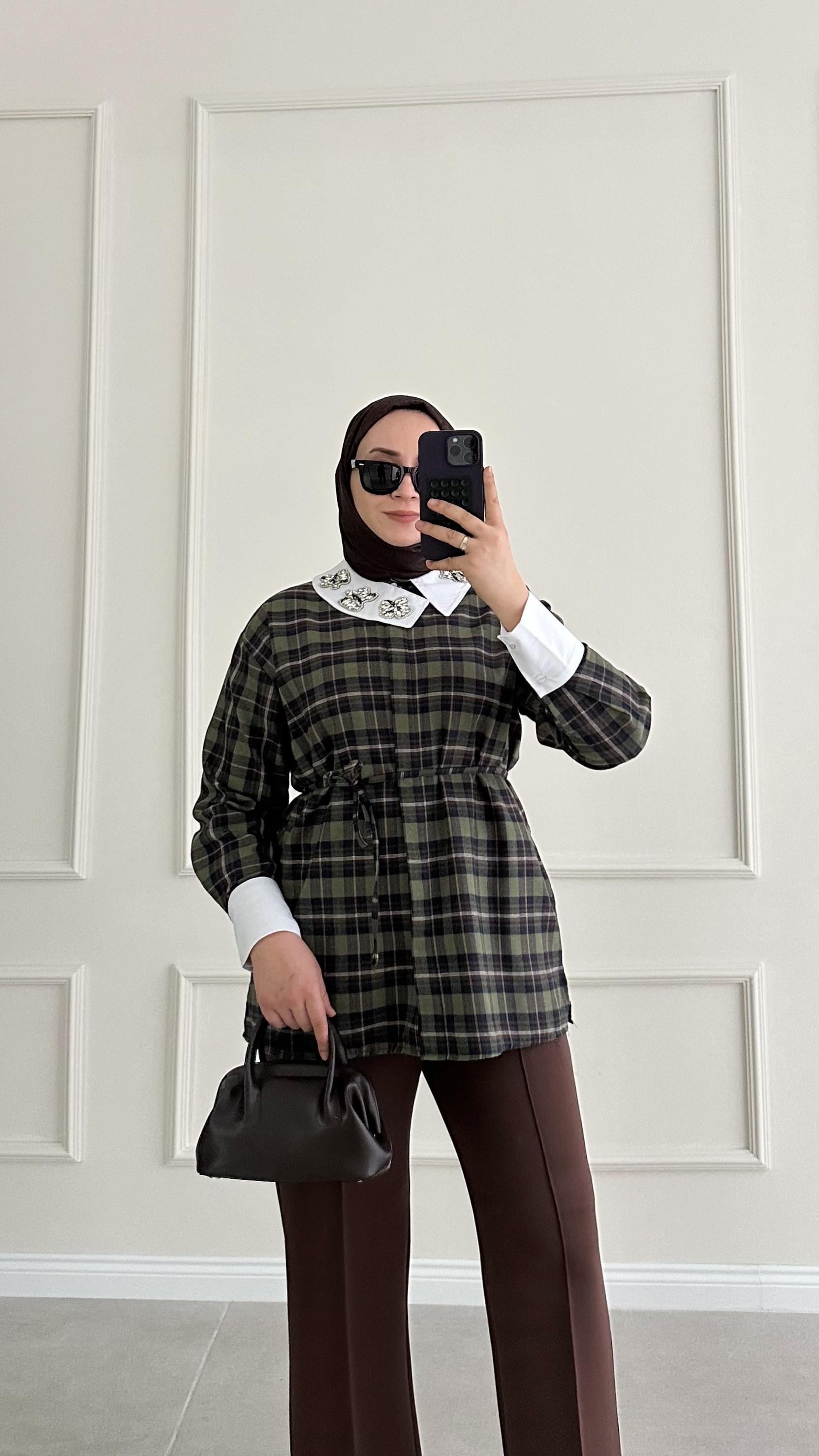 Dimel Yakası Taşlı Haki Ekose Gömlek